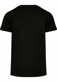Black t-shirt, short sleeves, round neckline, made of cotton. Smooth texture, standard fit, no visible logos or patterns.
