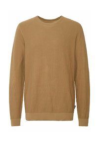 Pull en maille beige avec un motif texturé, col rond et finitions côtelées. Présente une coupe droite et un branding discret au niveau de l'ourlet.
