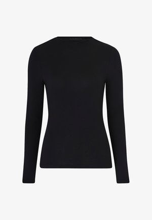 Zwart langemouwen top van gladde, rekbare stof met een ronde halslijn en een aansluitende silhoët. Eenvoudig ontwerp, geen zichtbare patronen of accenten.