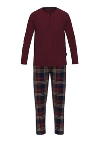 Bordeaux lange mouwen shirt met een knoopsluiting en een ruitpatroon pyjamabroek in tinten van marineblauw, bordeaux en beige. Katoenmix stof.