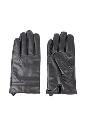 Black leather gloves with a smooth texture, featuring five fingers, a snug fit, and a small opening at the wrist for easy wear.