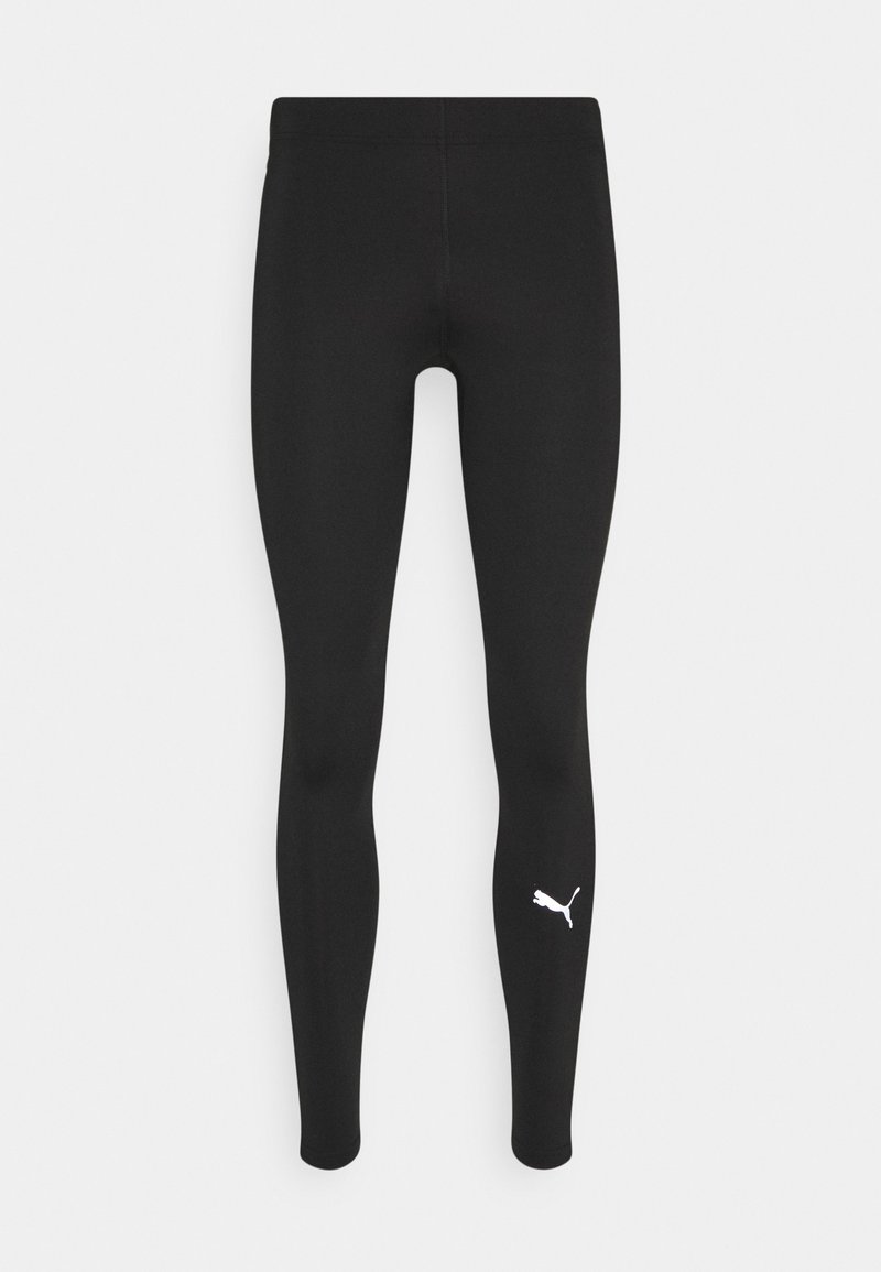 Leggings de sport noirs en matériau extensible. Présentent un design ajusté et un petit logo Puma blanc sur le bas de la jambe gauche.