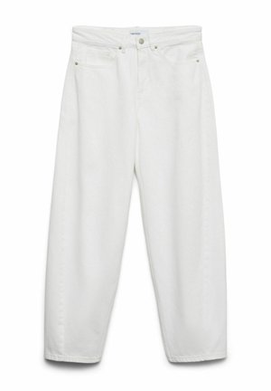 Plaša piegriezuma balti džinsa džinsi ar priekšējām kabatām, jostu cilpām un pogu aizdari viduklī.