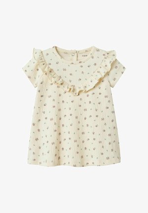 Cvjetna haljina u krem boji s svijetloplavim cvjetovima, kratkim rukavima i naboranim ovratnikom; teksturirana tkanina s suptilnim okomitih prugama.