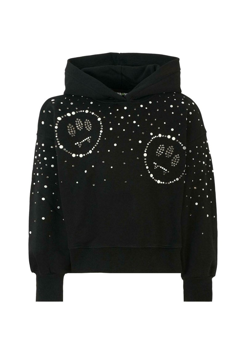 Felpa nera con design accorciato, caratterizzata da faccine sorridenti in strass e decorazioni sparse. Tessuto morbido con un fit rilassato.