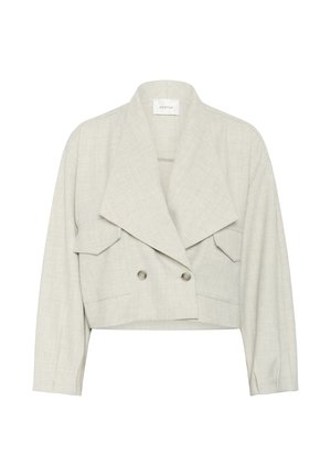 Light gray cropped blazer with wide lapels, double-breasted buttons, and flap pockets, made from textured fabric.