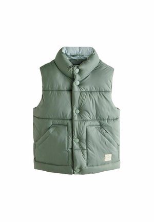 Gilet matelassé vert avec un col montant, deux poches avant et fermeture par boutons. Texture lisse avec des sections matelassées et une étiquette de marque.