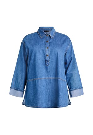 Denim shirt in medium blue with a button-up front, pointed collar, and long sleeves. Features contrasting cuff accents and stitched detailing.
