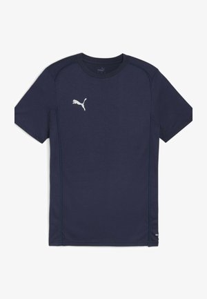 Marineblaues kurzärmeliges Sportshirt aus leichtem Material, mit weißem Puma-Logo auf der Brust und Kontrastnähten.