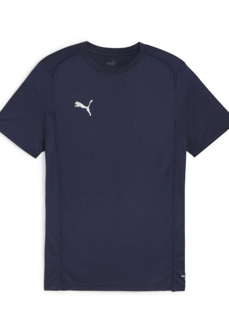 Marineblauw sportshirt met korte mouwen van lichtgewicht materiaal, met wit Puma-logo op de borst en contrasterende stiksels.