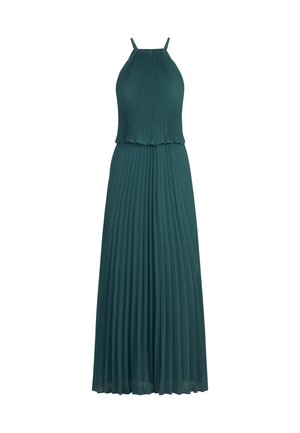 Faltenrock in Teal mit Halterneck und verstellbaren Trägern. Fließender Stoff mit einem geschichteten Design, das vertikale Falten aufweist.