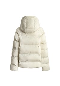 Puffjacke in Off-White, mit Kapuze, gestepptem Design und gleichmäßig verteilten Paneelen sowie einer glatten, glänzenden Textur.
