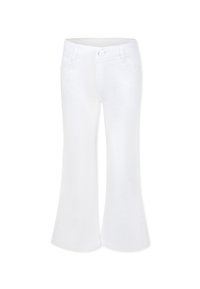 Witte spijkerbroek met flared pijpen, voorzien van een knoopsluiting, voorzakken en een soepele textuur. Het flared ontwerp begint vanaf de knie.