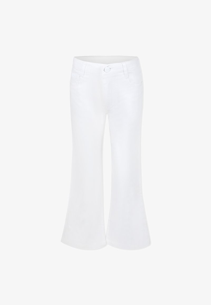 Witte spijkerbroek met flared pijpen, voorzien van een knoopsluiting, voorzakken en een soepele textuur. Het flared ontwerp begint vanaf de knie.