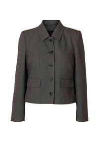 Harmaa bleiseritakki, jossa on kauluksellinen pääntie, kuusi mustaa nappia, kaksi etutaskua ja istuva leikkaus, jossa on teksturoitu kangas.