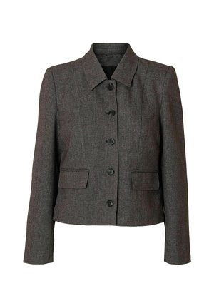 Sivi blazer z ovratnim izrezom, šestimi črnimi gumbi, dvema sprednjima žepoma in prilagojeno postavo z teksturirano tkanino.