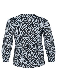Langsleeve top met een zwart en lichtblauw zebra print, ronde halslijn en geraffineerde mouwdetails. Glad materiaal met een relaxte pasvorm.