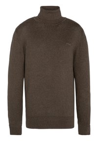 Brązowy sweter z golfem wykonany z teksturowanej dzianiny, z długimi rękawami oraz ściągaczami przy mankietach i u dołu. Mały logo na piersi.
