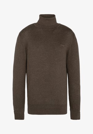 Brązowy sweter z golfem wykonany z teksturowanej dzianiny, z długimi rękawami oraz ściągaczami przy mankietach i u dołu. Mały logo na piersi.