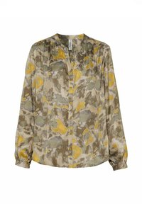 Langärmlige Bluse mit Knopfverschluss und abstraktem gelb-beige-grünen Camouflage-Muster sowie Rundhalsausschnitt.
