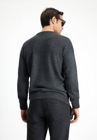 Suéter de punto gris oscuro con puños y dobladillo acanalados, que presenta un patrón texturizado en la parte superior de la espalda. Llevado con pantalones oscuros a juego.
