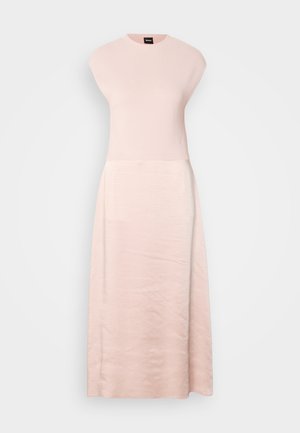 Light pink midi dress made of soft, smooth fabric. Features a round neckline, cap sleeves, and a fitted bodice leading to a gentle A-line skirt.