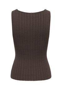 Haut sans manches en maille côtelée de couleur marron foncé, forme ajustée et large encolure bateau, vu de dos.