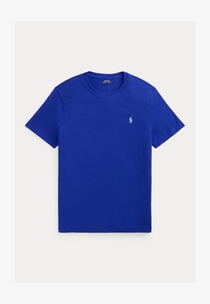 Kék, rövid ujjú, kerek nyakú póló, bal mellrészen kis világoskék hímzett Polo Ralph Lauren logóval.
