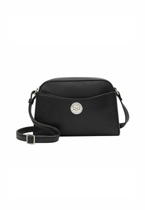 Borsa a tracolla in pelle nera con forma curva, accessori in metallo e tracolla regolabile. Texture liscia con una finitura leggermente a granello.