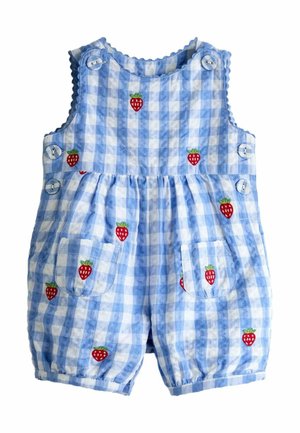 Blå og hvide gingham romper med knapper på skuldrene og siderne, dekoreret med broderede røde jordbær og to forlommer.