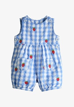 Sinine ja valge gingham-kujundusega kombinesoon, millel on nupud õlgadel ja külgedel, kaunistatud tikitud punaste maasikatega ning kahe esi taskuga.