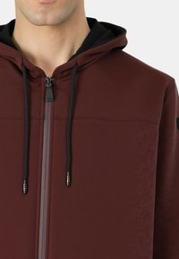 Felpa con cappuccio color marrone scuro con chiusura lampo, cordoncino nero, texture liscia e cerniera grigia. Ha un cappuccio e un design minimalista senza loghi.