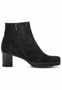 Bottines en daim noir avec un bout rond, fermeture éclair sur le côté et un talon épais à nervures. Présente une texture lisse et un design minimaliste.