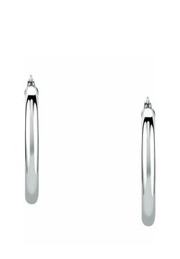 Orecchini a cerchio in argento con una finitura liscia e lucida. Il design presenta una forma arrotondata e una leggera curvatura che riflette la luce. Nessun abbellimento visibile.