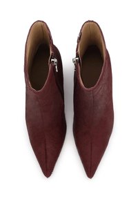 Burgundy leather ankle boots with a pointed toe, textured surface, and side zippers. Smooth interior lining.