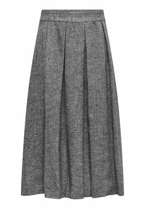 Jupe plissée grise, fabriquée en tissu texturé, avec une taille haute et un design fluide qui s'étend jusqu'à mi-mollet.