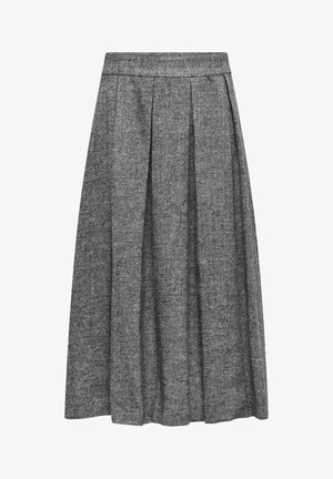 Jupe plissée grise, fabriquée en tissu texturé, avec une taille haute et un design fluide qui s'étend jusqu'à mi-mollet.