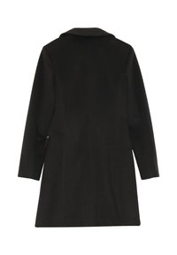 Cappotto nero a maniche lunghe con colletto, taglio dritto e dettagli sulla cucitura posteriore, mostrato da dietro su uno sfondo bianco.