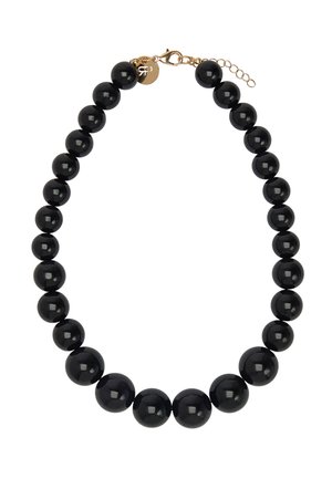 Czarny naszyjnik z okrągłych, stopniowanych koralików z złotym zapięciem typu karabińczyk i łańcuszkiem przedłużającym.