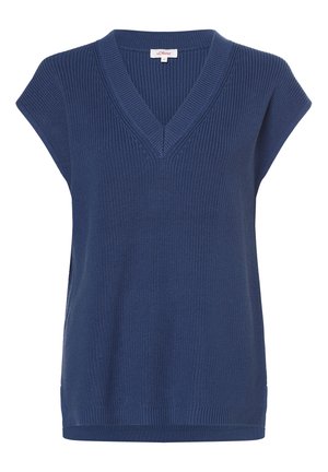 Top sans manches en tricot bleu marine avec un décolleté en V, présentant une texture côtelée et une coupe décontractée. L'ourlet est légèrement plus long à l'arrière.