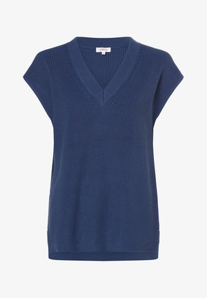 Marineblaues, gestricktes, ärmelloses Oberteil mit V-Ausschnitt, das eine gerippte Textur und eine lockere Passform aufweist. Der Saum ist hinten etwas länger.