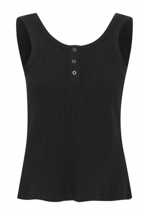 Fekete bordázott ujjatlan felső, kerek nyakkivágással, az elején három díszes patenttal és fodros szegéllyel.