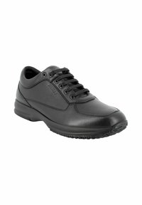 Scarpa casual in pelle nera con lacci, suola texturizzata, cuciture laterali e un sottile marchio in rilievo sul pannello esterno.