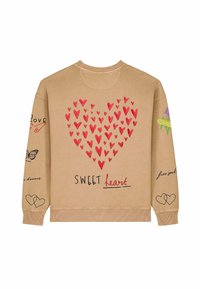 Felpa beige con motivi a forma di cuore rossi, testo disegnato a mano "SWEET heart" e "free soul", farfalla e accenti floreali colorati sulle maniche.
