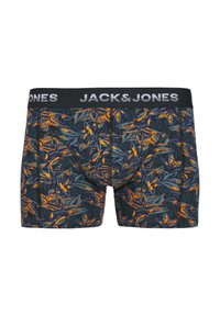 Schwarzer elastischer Bund mit "JACK & JONES" Branding; gemusterte Shorts mit dunklem Hintergrund und einem Design aus orangefarbenen und grünen tropischen Blättern.