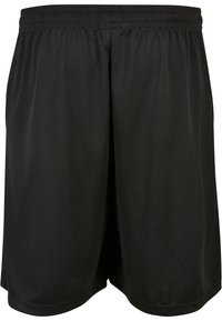 Shorts de sport noirs en tissu en maille respirante, dotés d'une taille élastique et d'un design arrivant au genou avec une texture lisse.