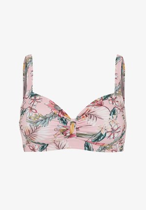 Pinker gepolsterter Bikini-Oberteil mit tropischem Blumenmuster in Grün, Weiß, Gelb und Koralle, ausgestattet mit verstellbaren Schultergurten und einem Knoten-Detail in der Mitte.
