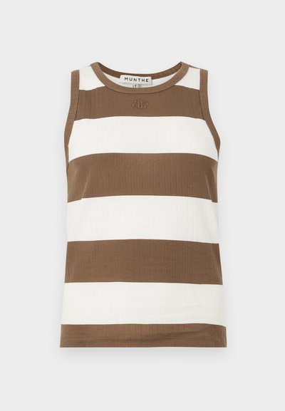 Haut sans manches à rayures marron et blanches en tissu côtelé. Il présente un encolure ronde et un petit logo à l'avant.