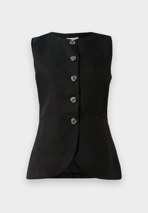 Black sleeveless vest with a round neckline, front button closure, and two side pockets. Smooth texture with subtle sheen.