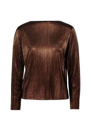Bruine lange mouwen shirt met verticale ribbelstructuur. Heeft een vierkante halslijn en een relaxte pasvorm. Gemaakt van een glanzend materiaal.